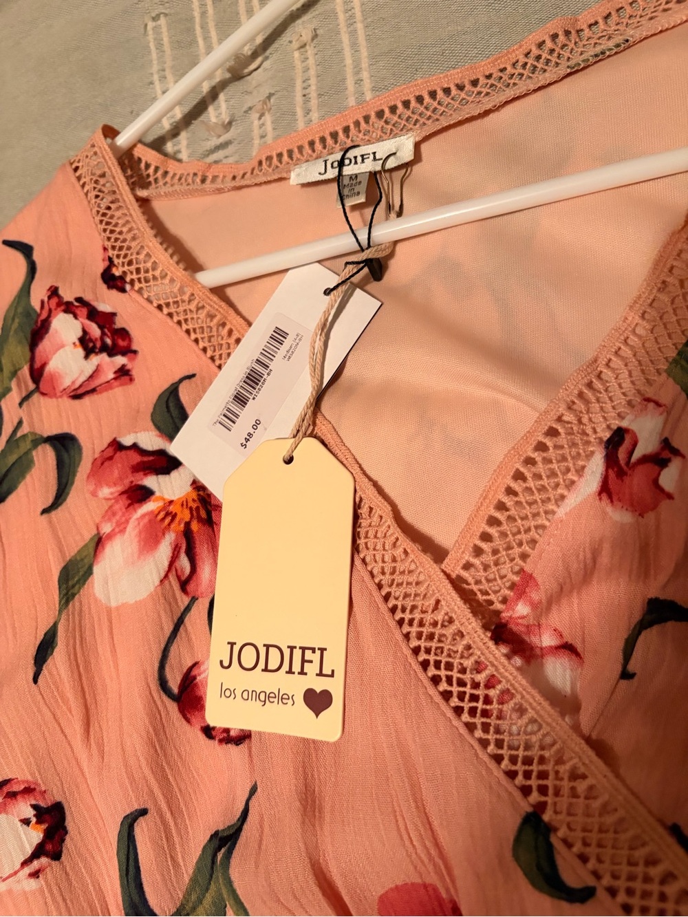 JODIFL Peach Floral Wrap Tiered Mini Dress - Picture 2 of 3